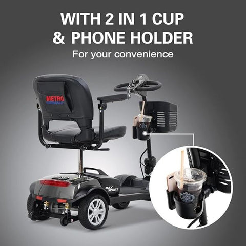 Metro Mobility Max Sport Portable 4-Wheel Mobility Scooter 2-in-1 Cup and Phone Holder