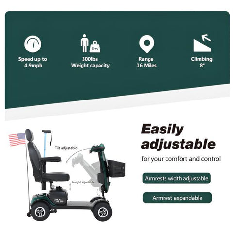 Metro Mobility Max Plus 4-Wheel Mobility Scooter Emerald Color Features